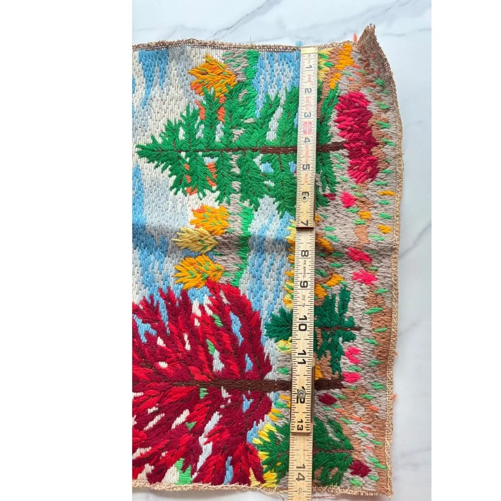 Vintage Hand Stitched Needlepoint Landscape Tree Scene Burlap Textile Art 14x12